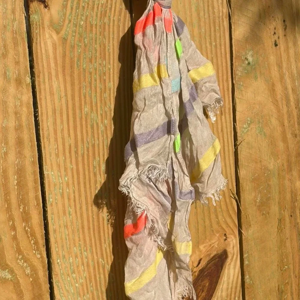 Multicolor Striped Summer Scarf Neon Gauze Crinkle Frayed Edge Wrap Beige Boho